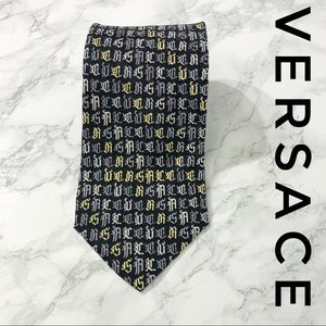 Versace Black Gold Allover Spellout Silk Tie EUC